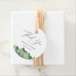 Mountain Forest Wedding Thank You Favour Tags<br><div class="desc">Watercolor forest trees and mountain scene,  wedding thank you favour tags. "thank you" in chic black calligraphy with lines for names and event date. Back of tag features solid forest green colour.</div>