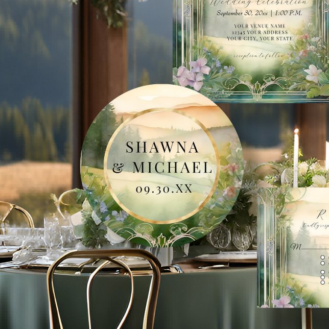 Mountain Forest Woodland Elegant Fantasy Wedding Classic Round Sticker (Creator Uploaded)