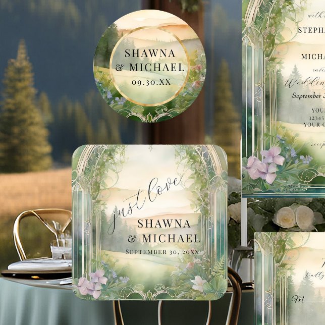 Mountain Forest Woodland Just Love Elegant Wedding Square Paper Coaster (Creator Uploaded)