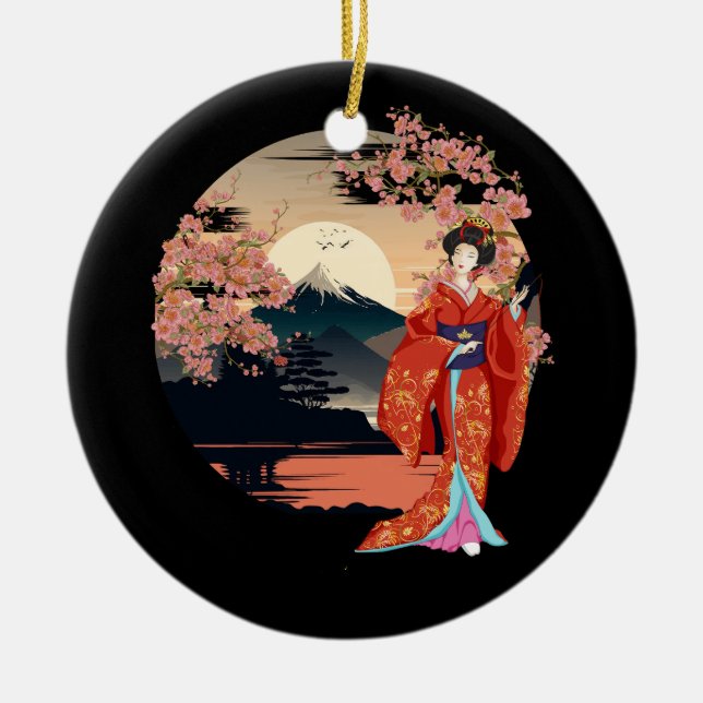 Mountain Fuji Cherry Blossoms Geisha Japanese Gard Ceramic Tree Decoration (Front)