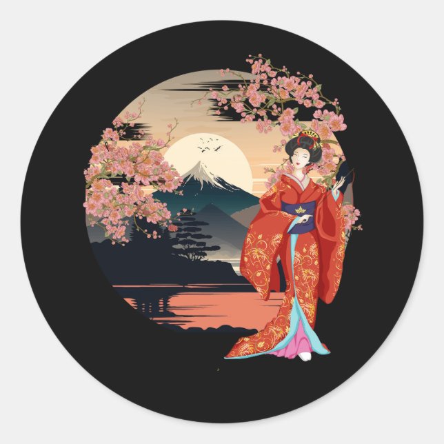 Mountain Fuji Cherry Blossoms Geisha Japanese Gard Classic Round Sticker (Front)