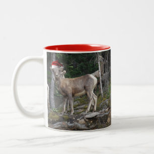 Mountain Goat with Santa Claus Hat Two-Tone Coffee Mug