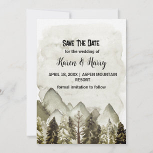 Mountain Green Pine Tree Save The Date Wedding Art Invitation