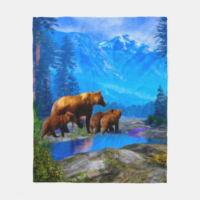Mountain Grizzly Bears Fleece Blanket (Front)
