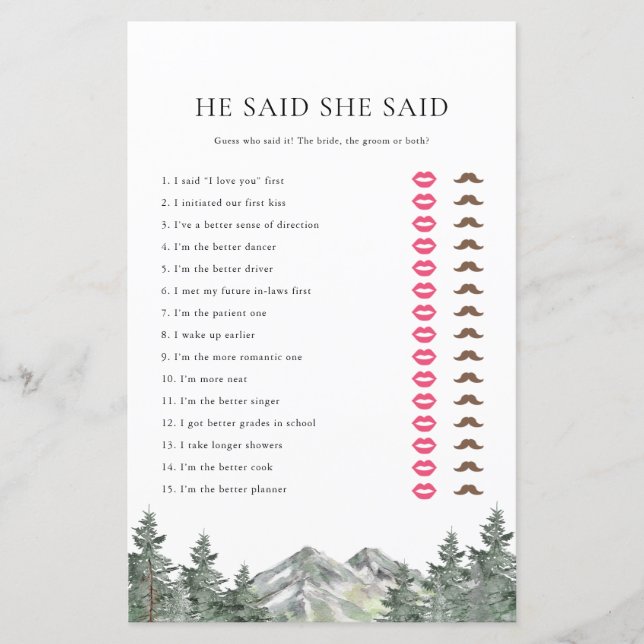 Mountain He Said She Said Bridal Shower Game (Front)