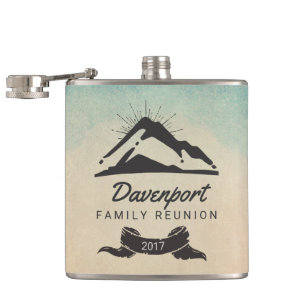 Mountain Illustration with Sun Rays Family Reunion Hip Flask