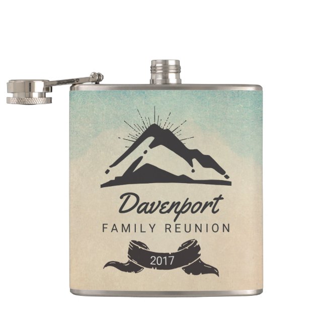 Mountain Illustration with Sun Rays Family Reunion Hip Flask (Opened)