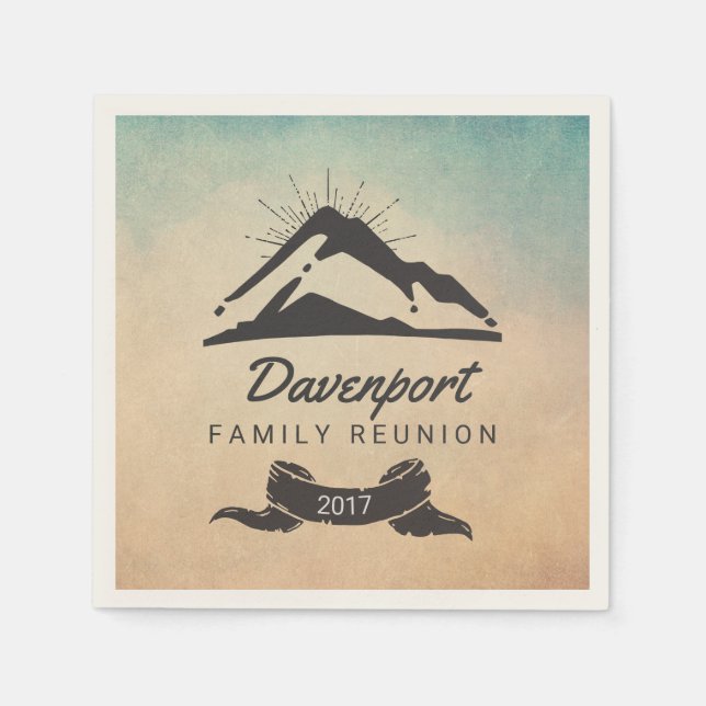 Mountain Illustration with Sun Rays Family Reunion Napkin (Front)