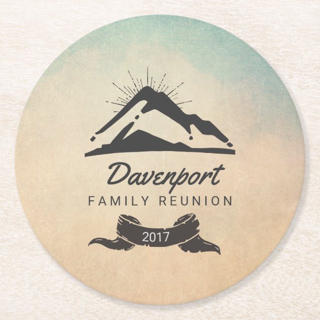 Mountain Illustration with Sun Rays Family Reunion Round Paper Coaster (Front)