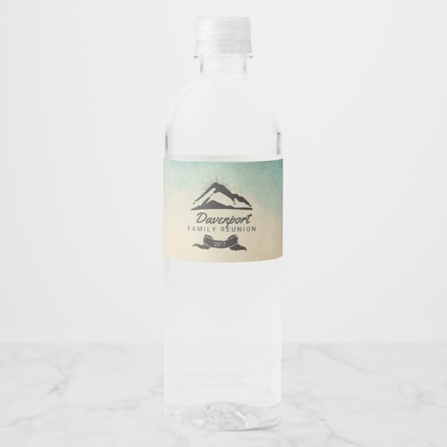 Mountain Illustration with Sun Rays Family Reunion Water Bottle Label (Front)