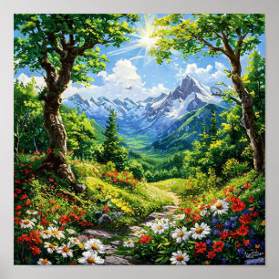 Mountain in the forest with flowers and trees poster