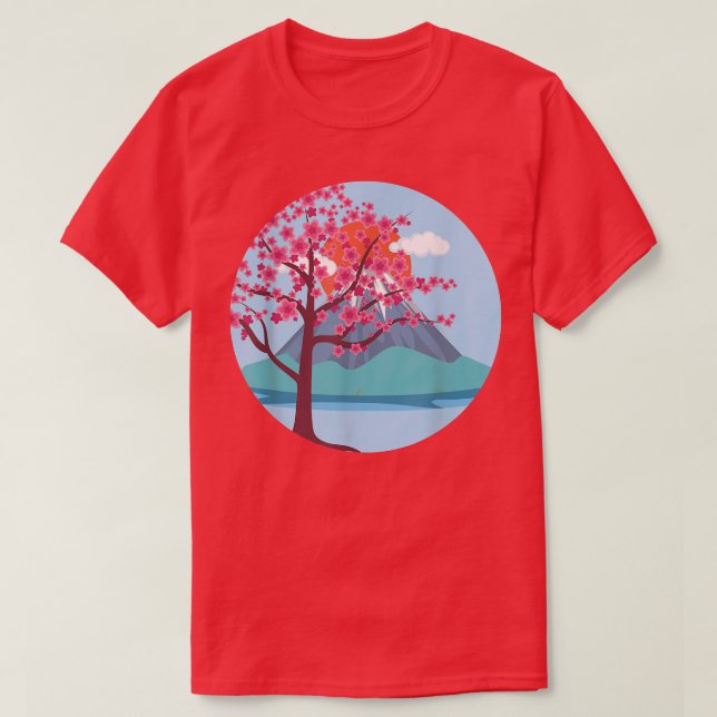 Mountain Japanese Pink Flower Pretty Sakura Cherry T-Shirt (Design Front)