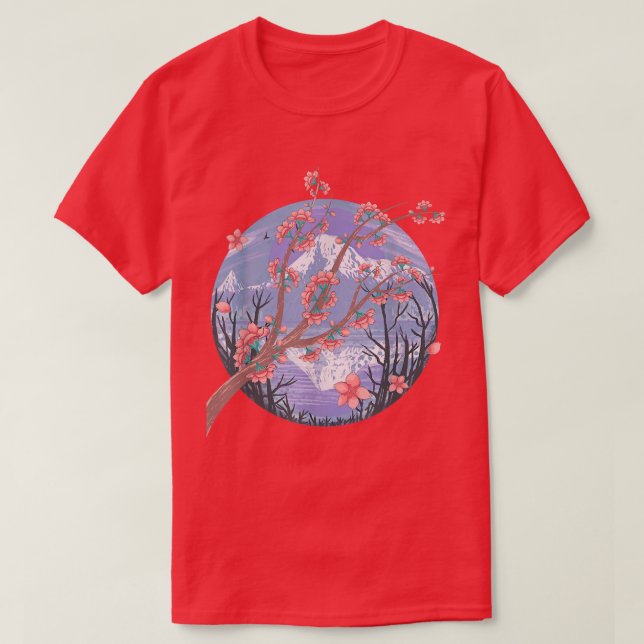 Mountain Japanese Sakura Pink Flower Floral Cherry T-Shirt (Design Front)