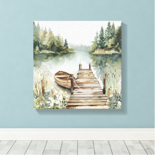 Mountain Lake Boat Watercolor  Canvas Print