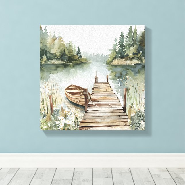 Mountain Lake Boat Watercolor  Canvas Print (Insitu(Wood Floor))