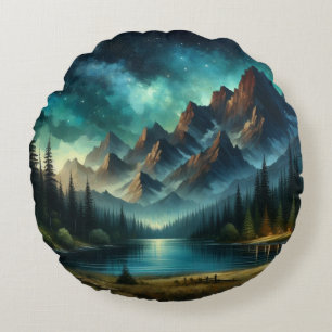 Mountain Lake/cabin under the stars Round Cushion
