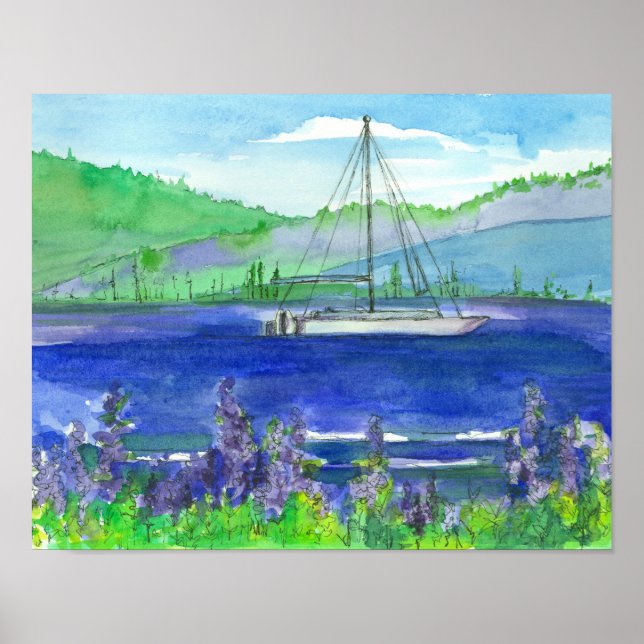 Mountain Lake Catamaran Watercolor Painting Poster (Front)