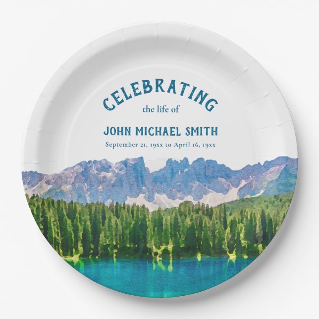 Mountain Lake Celebration of Life Funeral Paper Plate (Front)