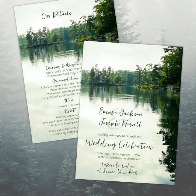 Mountain Lake details all in one wedding Invitation (front & back - combination invitation plus details card - easily add a QR code with Z design tool)
