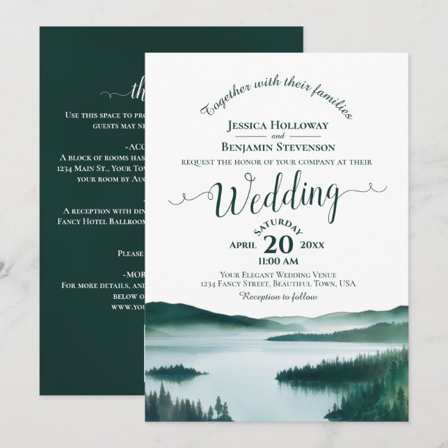 Mountain Lake Elegant Calligraphy QR Code Wedding Invitation (Front/Back)