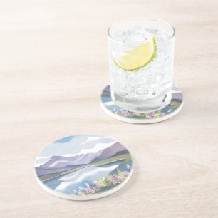 Mountain Lake Floral Watercolor Landscape Coaster