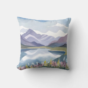 Mountain Lake Floral Watercolor Landscape Cushion