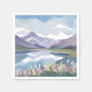 Mountain Lake   Floral Watercolor Landscape Napkin