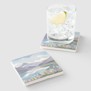 Mountain Lake Floral Watercolor Landscape Stone Coaster