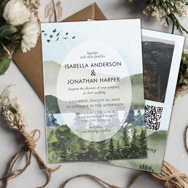 Mountain Lake Forest Photo QR Code Outdoor Wedding Invitation (Creator Uploaded)