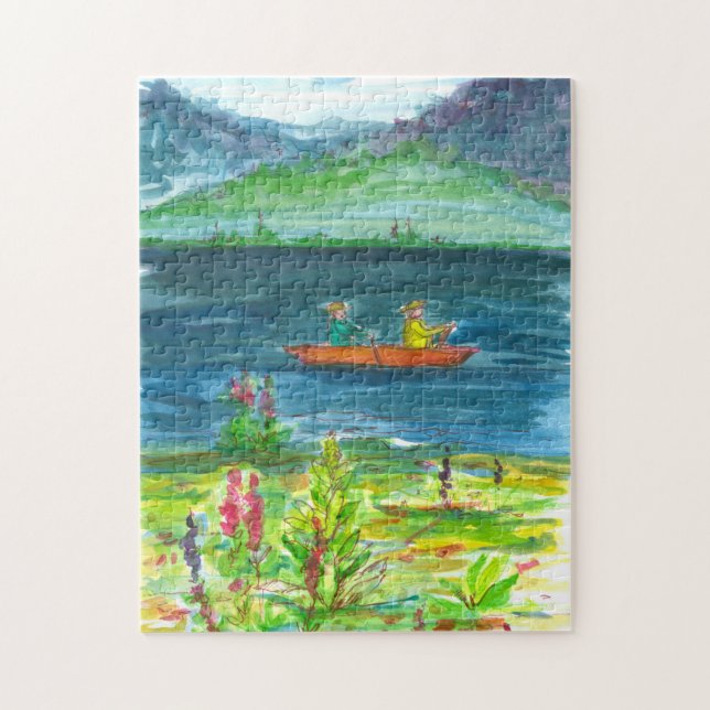 Mountain Lake Kayak Boat Watercolor Painting Jigsaw Puzzle (Vertical)