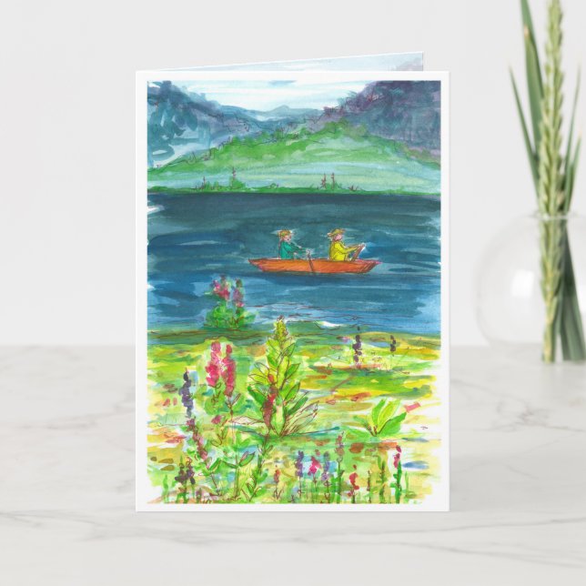 Mountain Lake Kayak Watercolor Happy Birthday Card (Front)