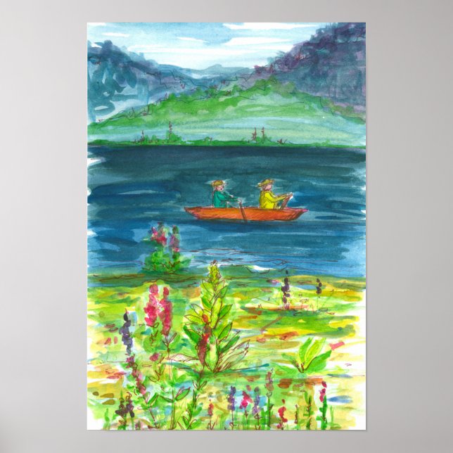 Mountain Lake Kayak Watercolor Painting Poster (Front)