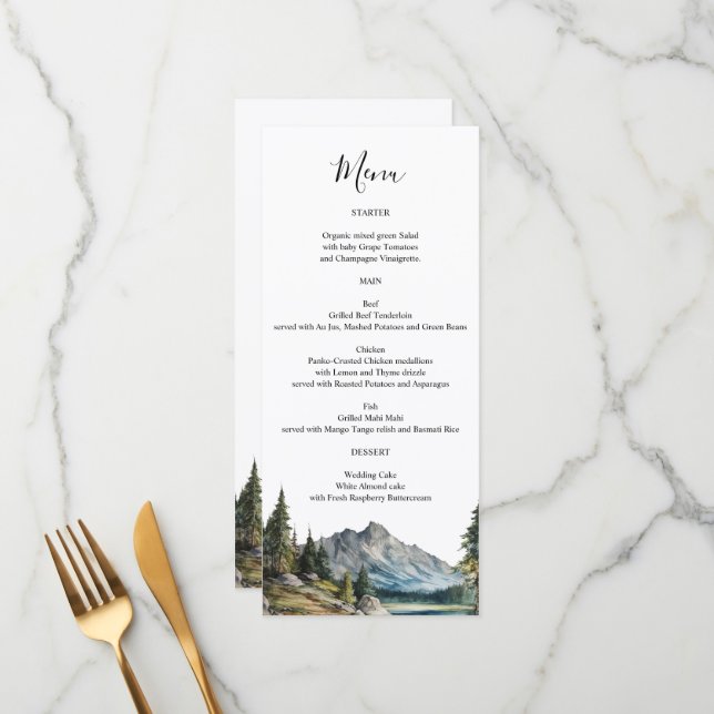Mountain Lake Menu card personalised names on back (Front/Back In Situ)