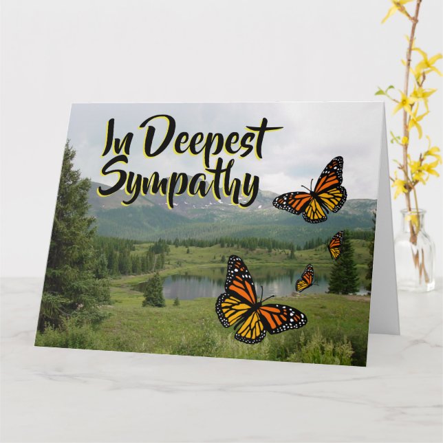 Mountain Lake Monarch Butterflies Sympathy Card (Yellow Flower)