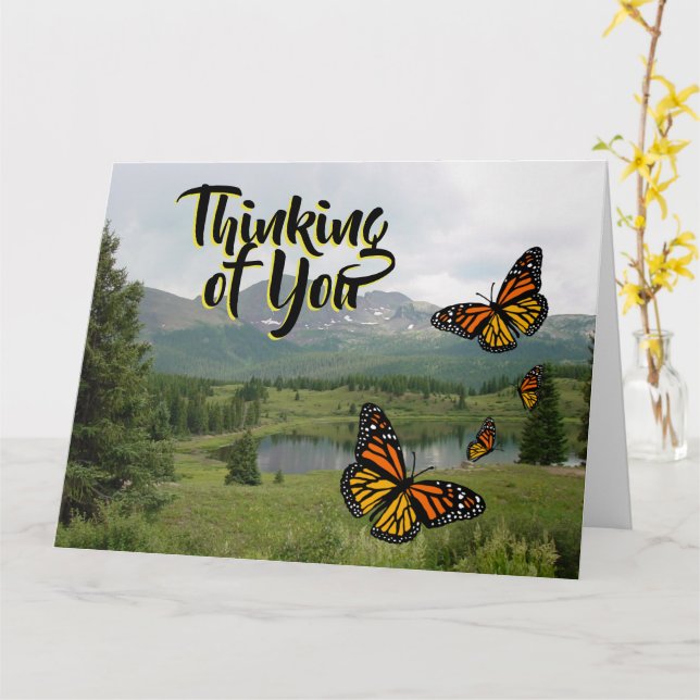 Mountain Lake Monarch Butterflies Thinking Card (Yellow Flower)