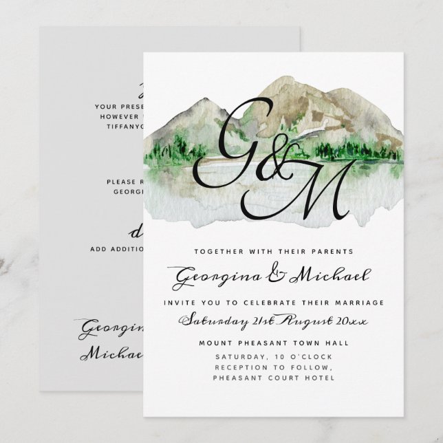 Mountain Lake Monogram Wedding Invitation (Front/Back)