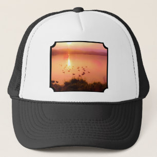 Mountain Lake Photo Pink and Peach Orange Sunset Trucker Hat