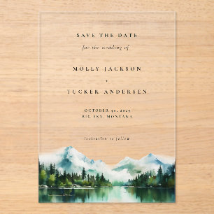 Mountain Lake Pine Watercolor Photo Save the Date  Acrylic Invitations