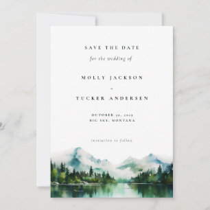 Mountain Lake Pine Watercolor Photo Save the Date Invitation