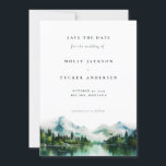 Mountain Lake Pine Watercolor Photo Save the Date  Invitation<br><div class="desc">Mountain Lake Pine Watercolor Photo Save the Date - Capture the essence of serene mountain beauty with our breathtaking save the date card, adorned in a scenic watercolor design. Awash in soothing shades of dusty blue and green, this picturesque lakeside scene sets the stage for your upcoming wedding celebration. Add...</div>