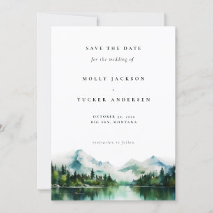 Mountain Lake Pine Watercolor Photo Save the Date  Invitation