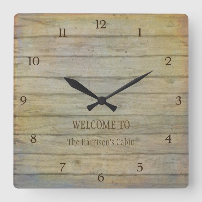 Mountain Lake Pines Welcome Cabin Personalised Square Wall Clock (Front)
