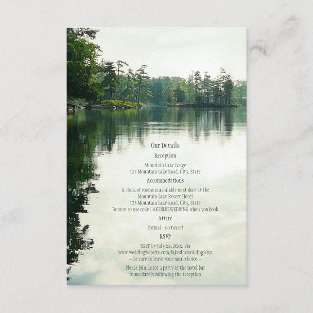 Mountain Lake reflection rustic wedding details Enclosure Card (Front)