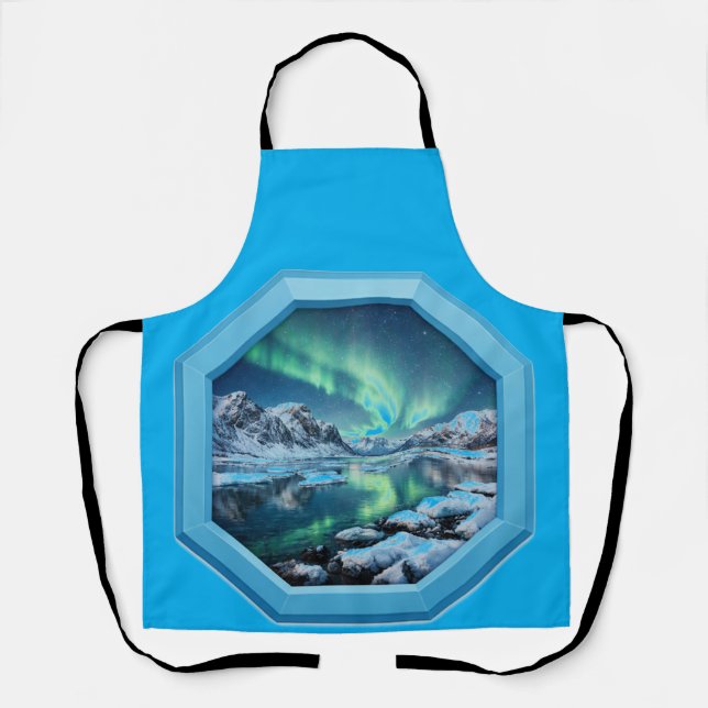 Mountain Lake Reflects No. Lights in Blue Frame Apron (Front)