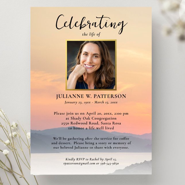 Mountain Lake Sunset Celebration of Life Photo Invitation (Creator Uploaded)