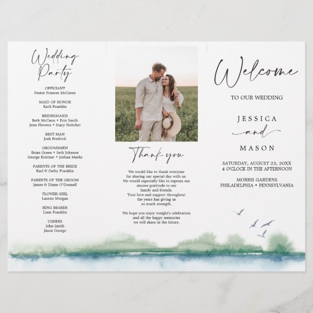 Mountain Lake Tri-Fold Wedding Program Flyer (Front)
