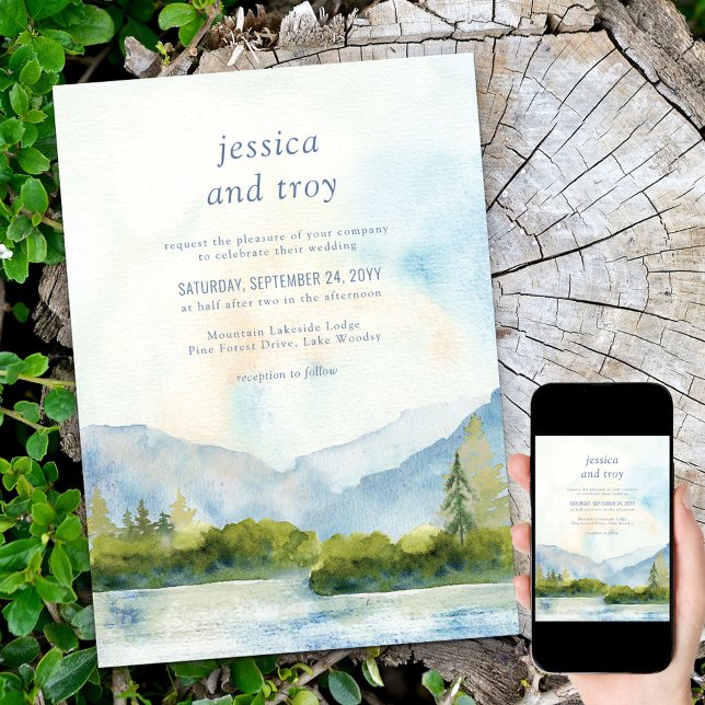 Mountain Lake Watercolor Destination Wedding Invitation (Creator Uploaded)
