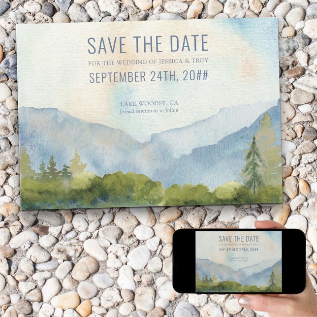 Mountain Lake Watercolor Dusty Blue Save The Date (Creator Uploaded)