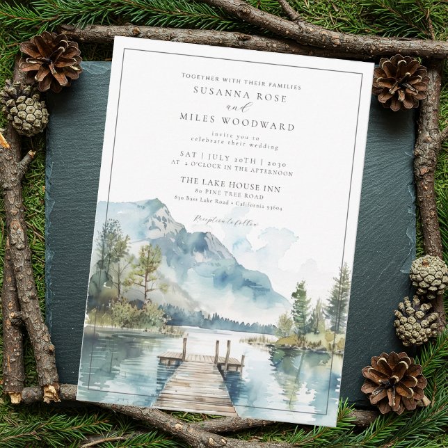 Mountain Lake Watercolor Forest Trees Wedding Invitation (Creator Uploaded)