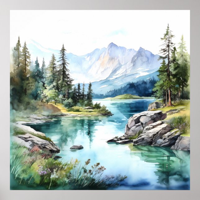  Mountain Lake Watercolor Painting Art Print (Front)